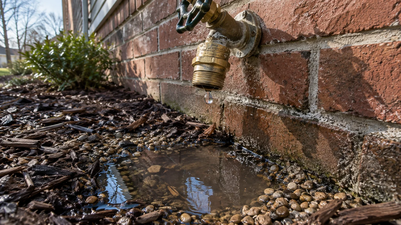 Water dripping from an outdoor brass spigot into a small puddle forming over mulch and stones against a brick wall.