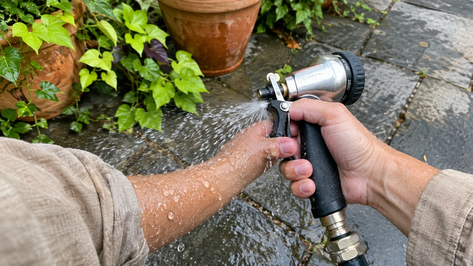 A person holds a metal hose nozzle that sprays water backward onto their wet wrist and arm.