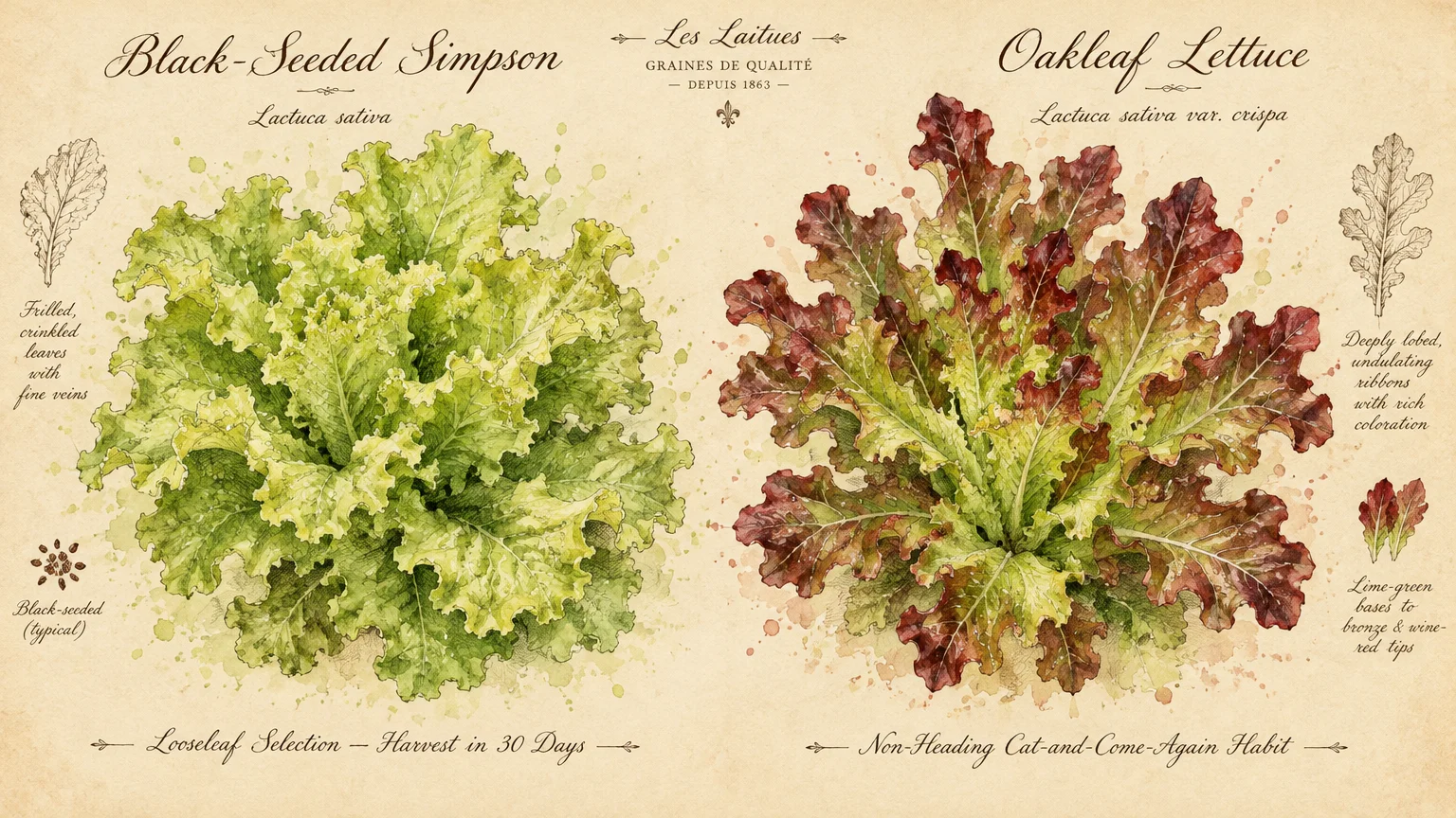 Vintage botanical illustration of green Black-Seeded Simpson and reddish Oakleaf lettuce heads with labeled details.
