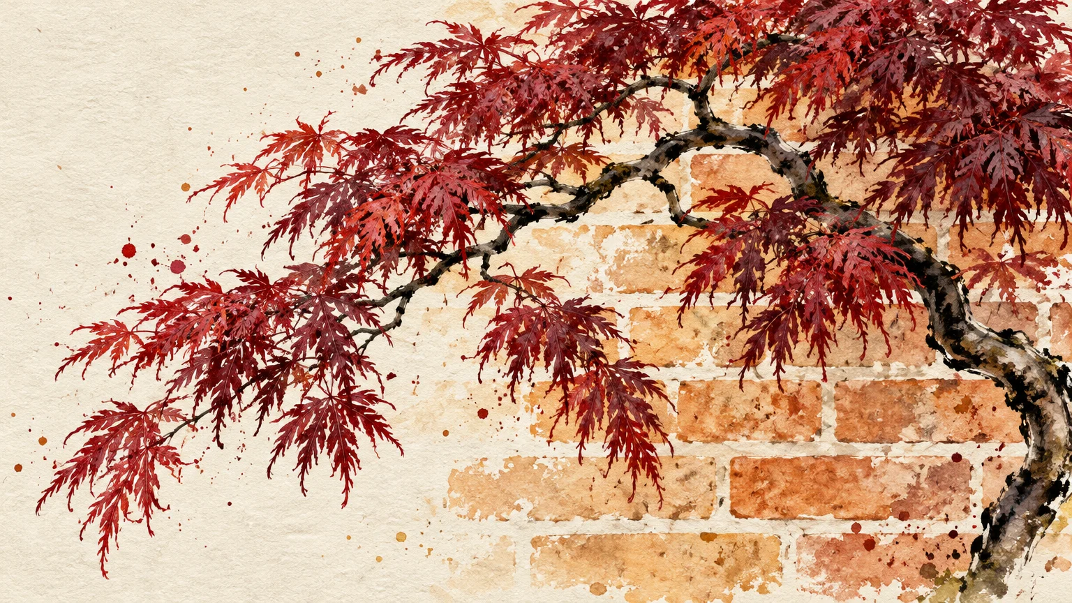 Japanese maple branch with delicate red leaves painted over a light orange and tan brick wall.