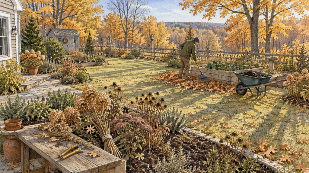 Watercolor illustration of a gardener raking autumn leaves on a backyard lawn beside raised garden beds and wooden benches.