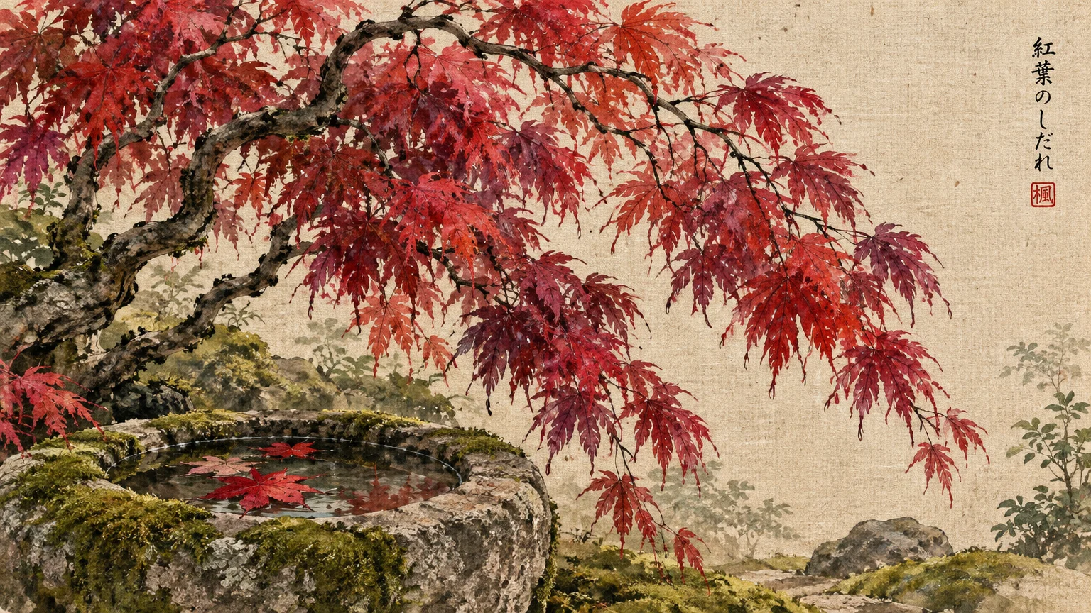 Watercolor painting of a red Japanese maple arching over a mossy stone water basin with floating leaves.