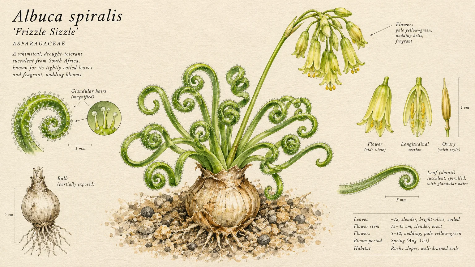 Botanical illustration of Albuca spiralis Frizzle Sizzle with coiled leaves, bulb, yellow-green flowers, and leaf cross-sections.