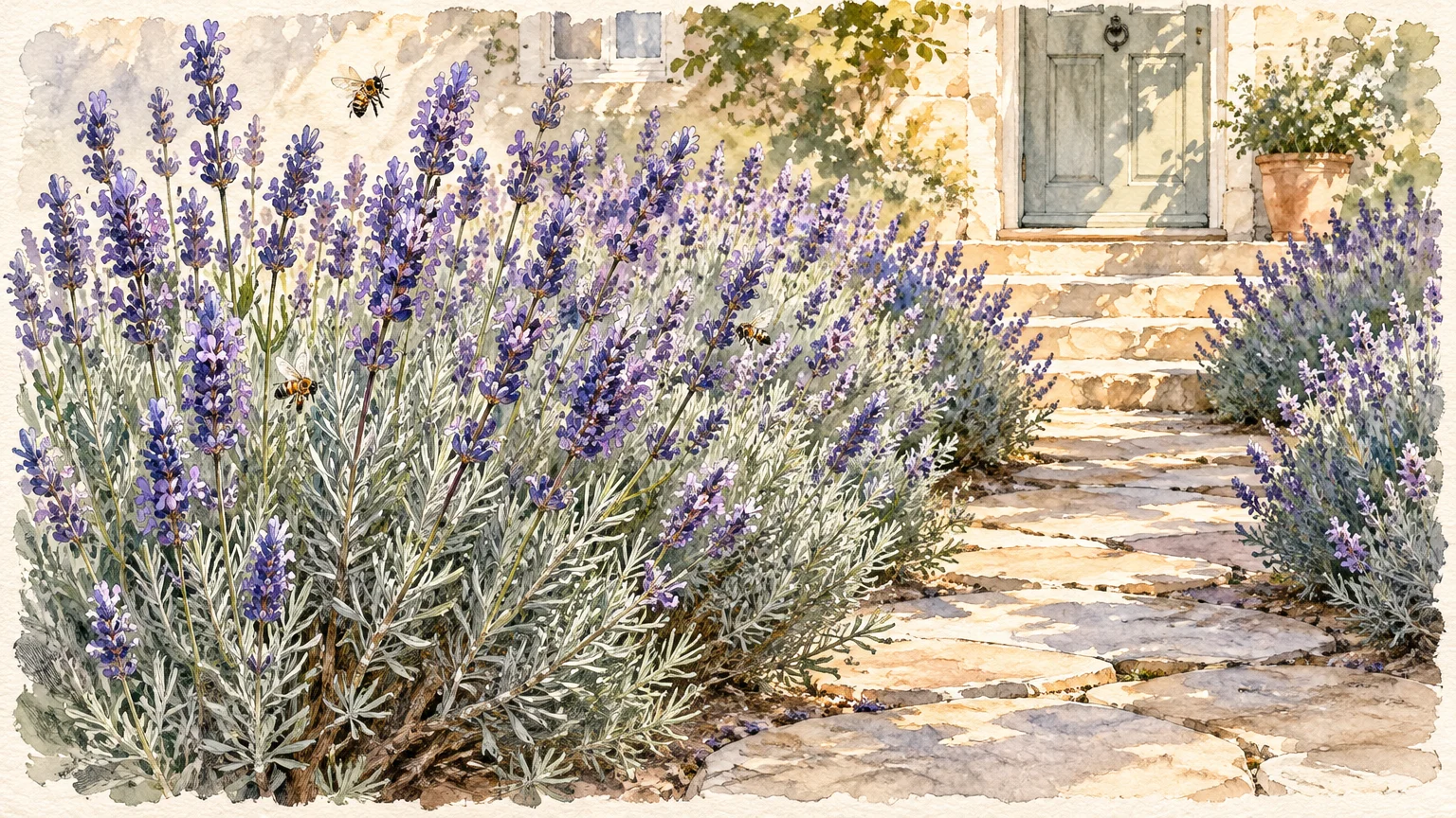Watercolor illustration of purple lavender bushes and bees lining a stone walkway leading to a front door.