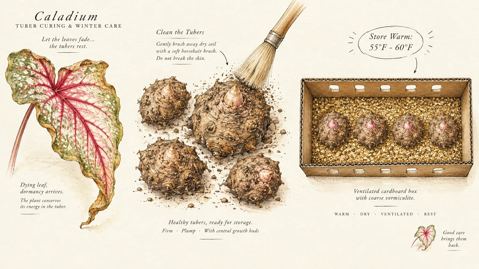 Botanical illustration showing caladium leaf dormancy, tubers being brushed clean, and tubers stored in vermiculite.