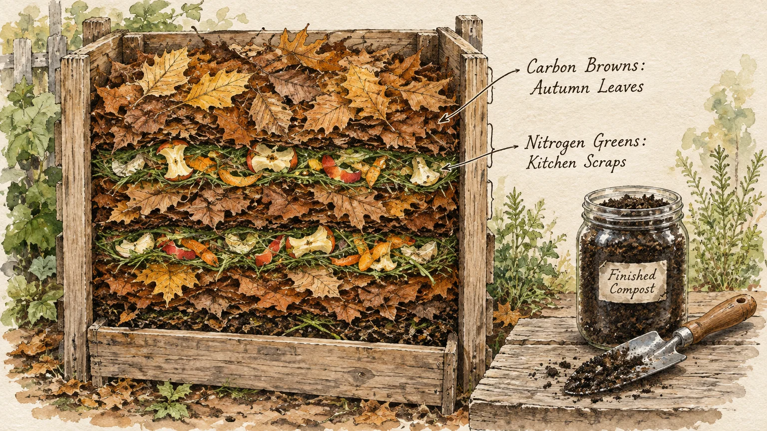 Watercolor diagram of a wooden compost bin layered with autumn leaves and kitchen scraps, beside a jar of finished compost.