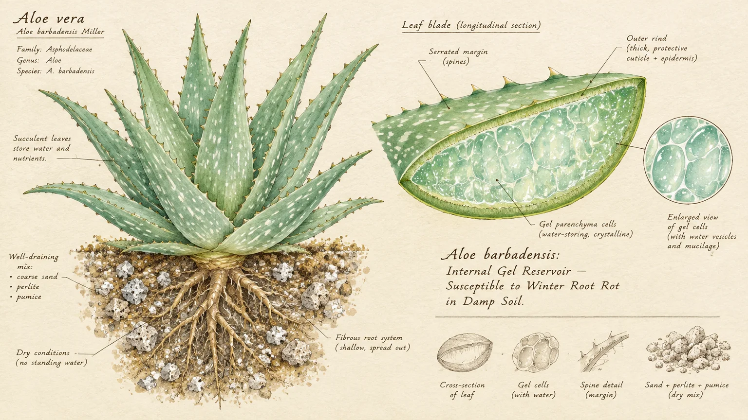 Botanical diagram of an aloe vera plant, showing its fibrous root system and cross sections of a gel-filled leaf.