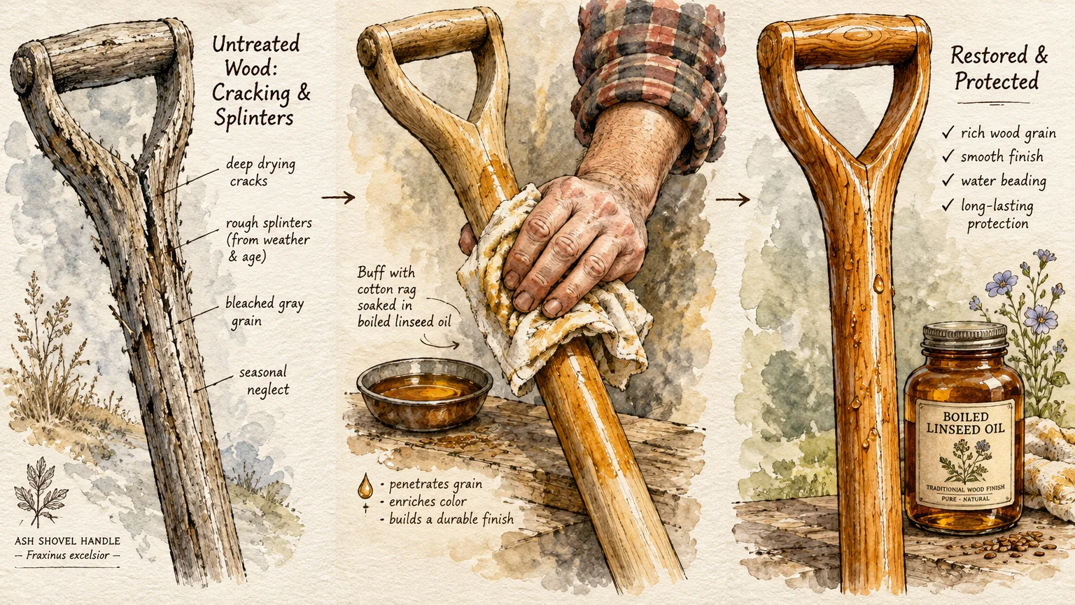 Three-panel diagram showing the restoration of a weathered wooden shovel handle using boiled linseed oil.
