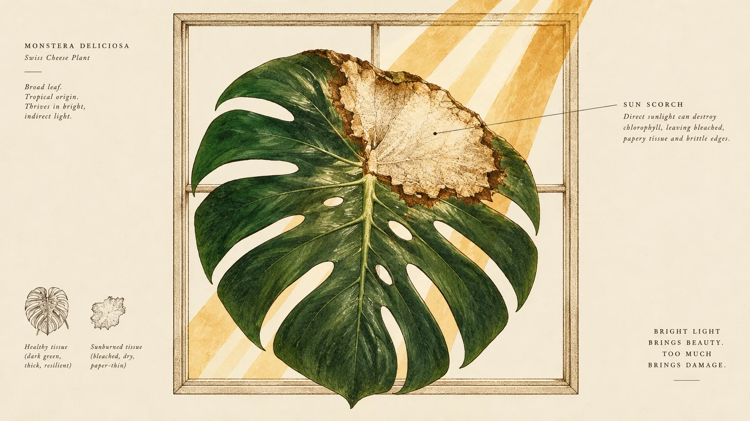 Botanical illustration of a monstera leaf in a window with a large bleached, sun-scorched patch in direct light beams.