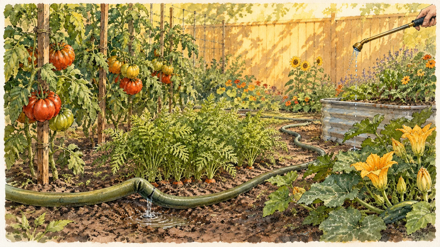 Illustration of a leaking garden hose spraying water onto soil while a hand waters plants with low pressure from a wand.
