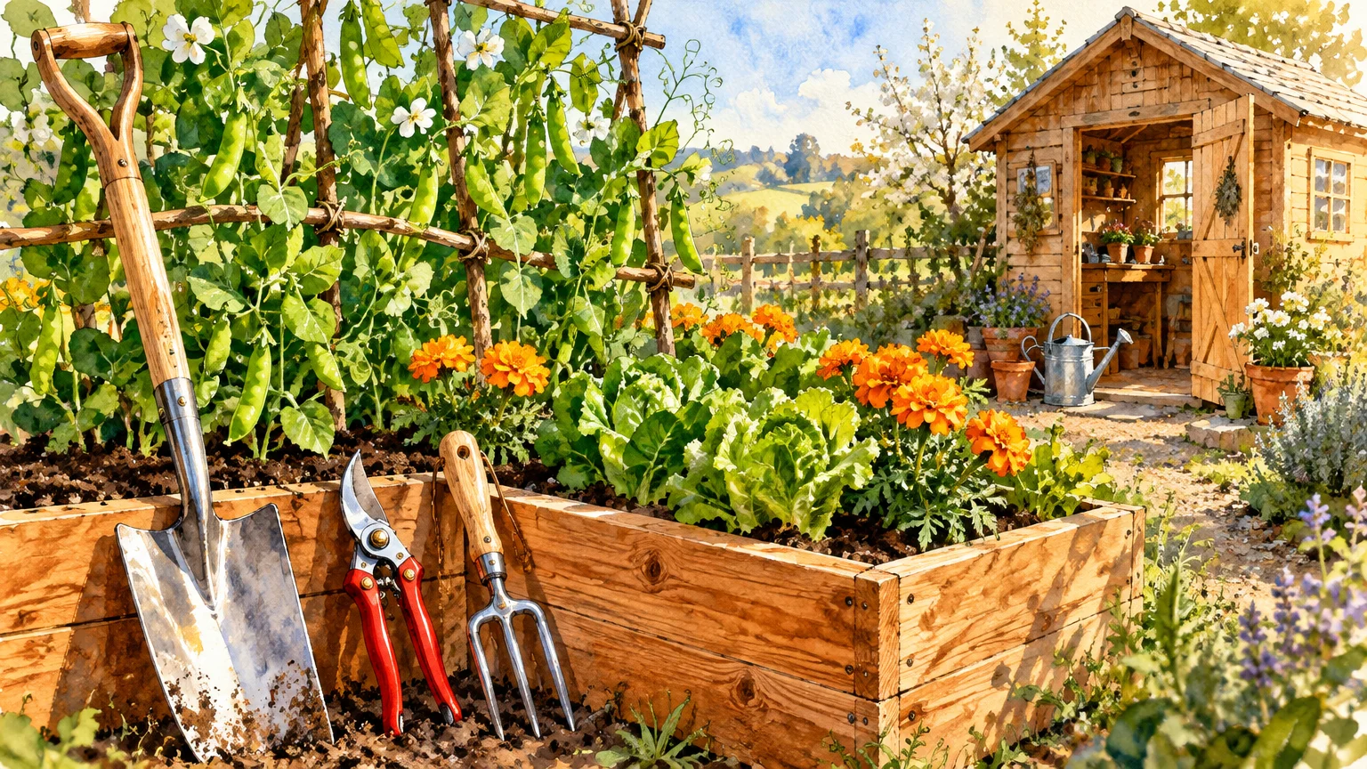 Watercolor illustration of a shovel, pruning shears, and hand fork beside a raised garden bed and wooden shed.