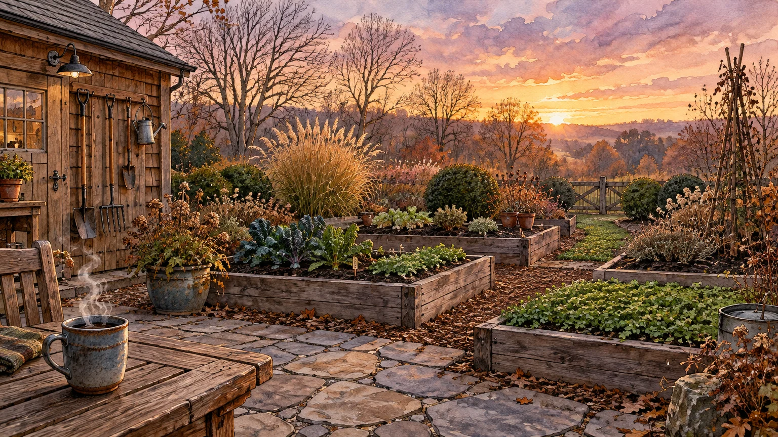 Ink and watercolor garden patio with a steaming mug on a wooden table, raised vegetable beds, and a sunset.