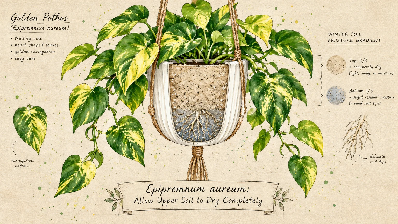 Illustration of a potted golden pothos cut away to show dry top soil, moist bottom soil, and root details.