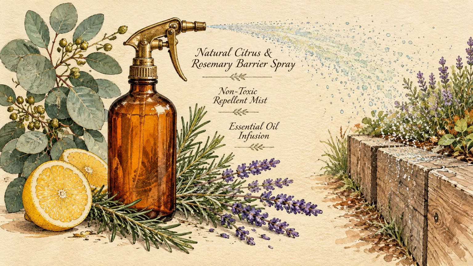 Amber glass spray bottle misting liquid over wooden garden borders beside sliced lemons, rosemary, and lavender sprigs.