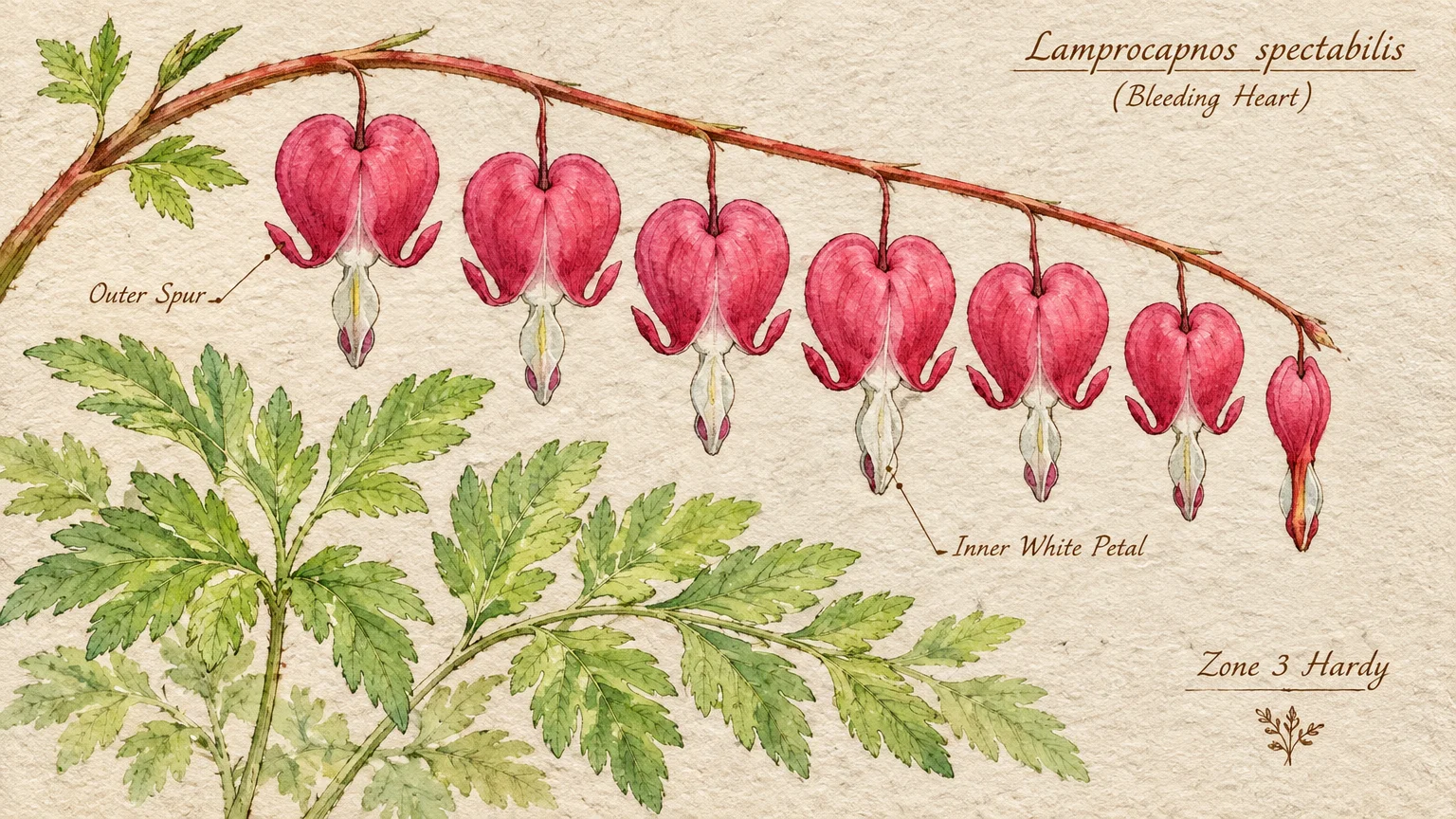Botanical watercolor illustration of an arching bleeding heart stem with pink heart-shaped flowers and green foliage.