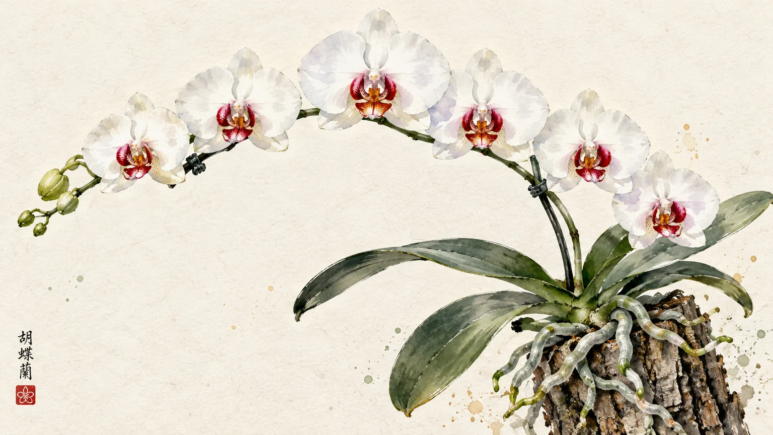 Watercolor illustration of a blooming white moth orchid with exposed aerial roots mounted on a piece of tree bark.