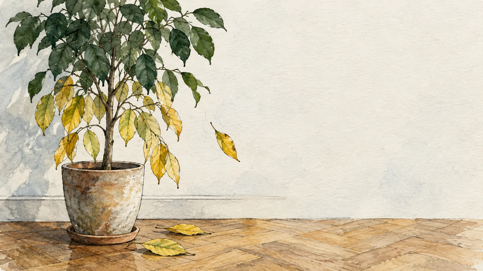 Watercolor painting of a potted plant dropping yellow leaves onto a wooden floor against a neutral wall.