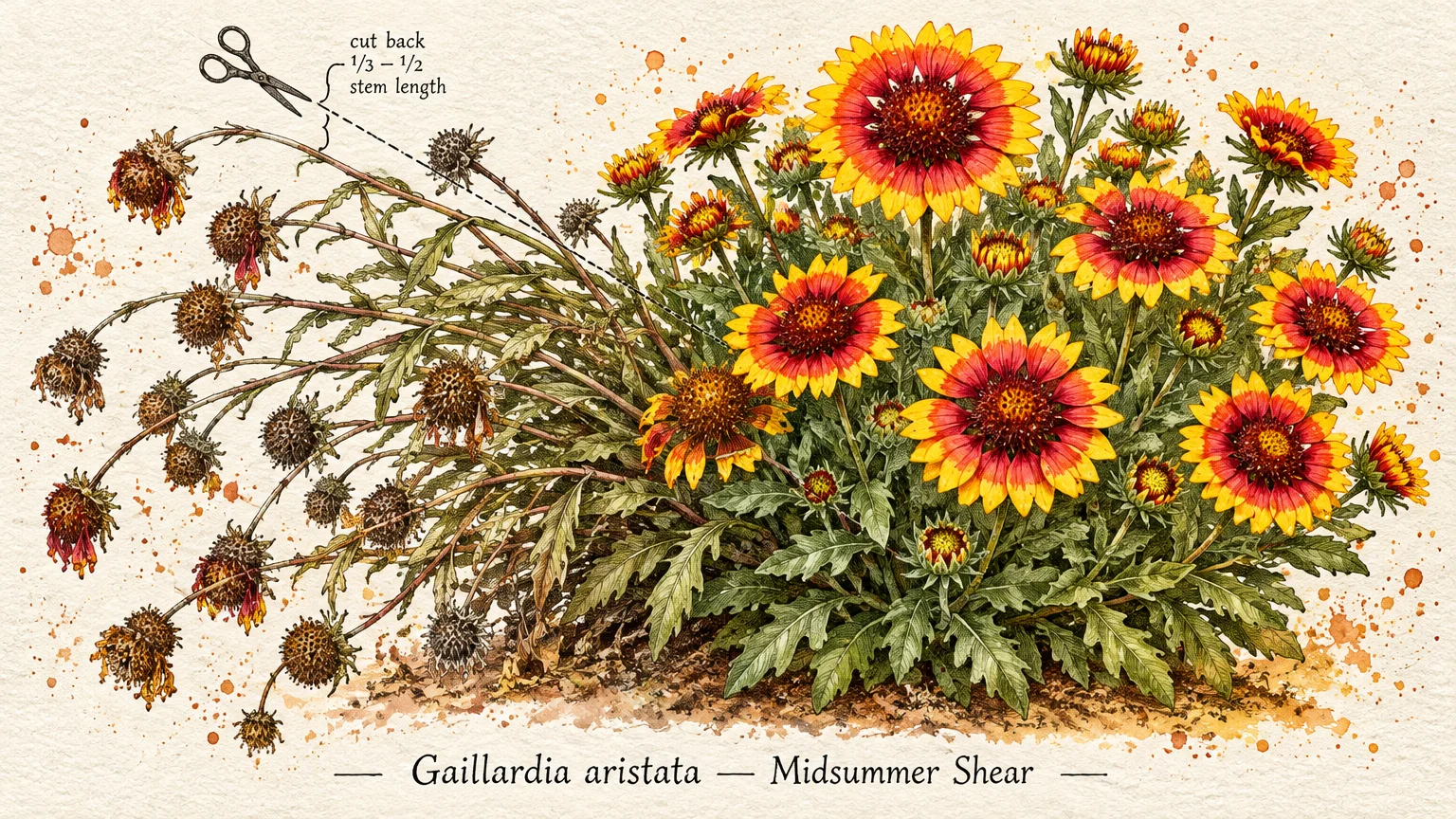 Botanical illustration showing blooming blanket flowers alongside spent stems marked with a scissor cutting diagram.
