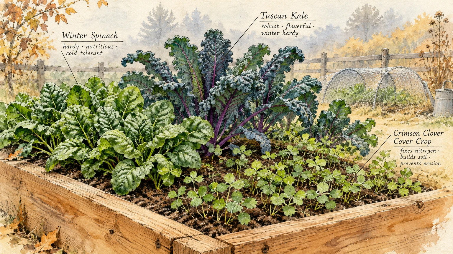 Watercolor illustration of a raised garden bed growing winter spinach, Tuscan kale, and crimson clover cover crop.