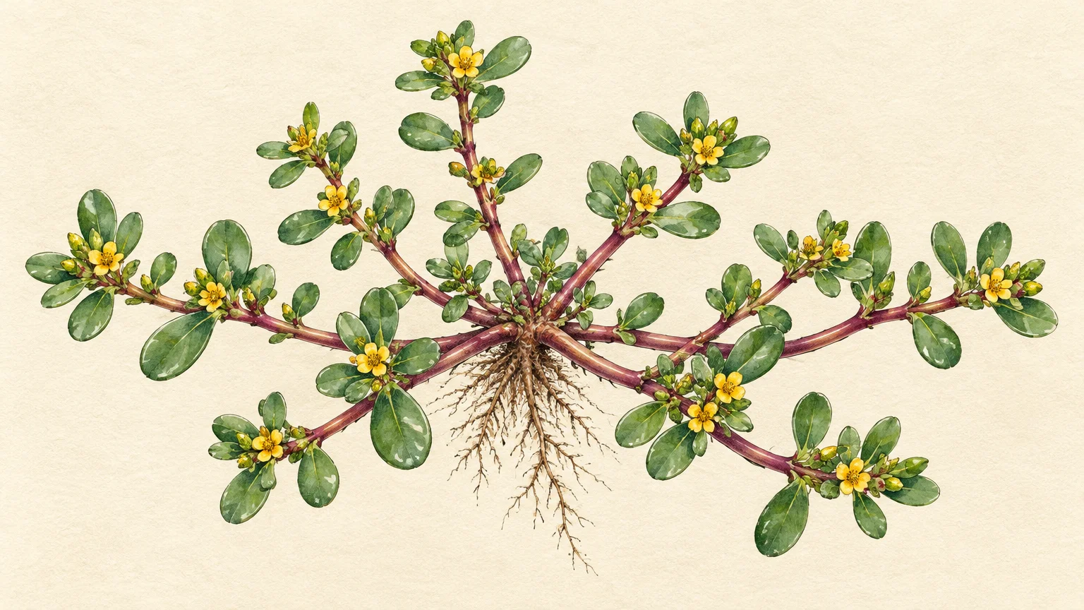 Botanical watercolor of a purslane weed with reddish stems, fleshy green leaves, small yellow flowers, and central roots.