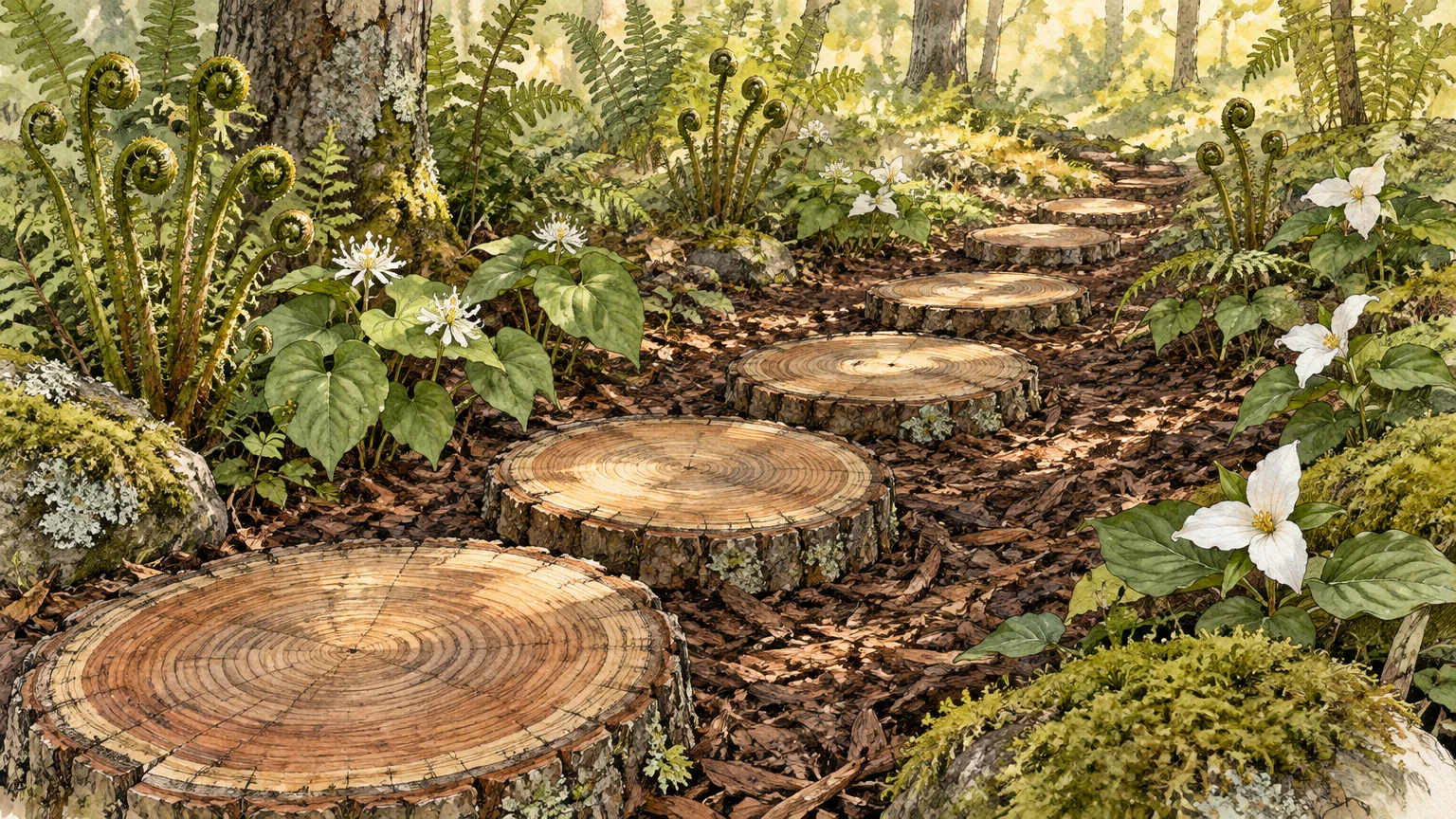 Illustration of cut log slice stepping stones creating a pathway through a forest floor lined with ferns and white flowers.
