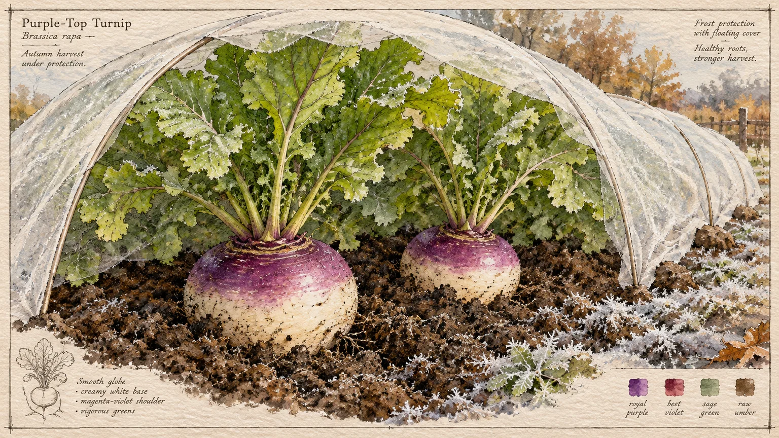 Botanical illustration of purple-top turnips growing in soil beneath a protective arched mesh row cover.