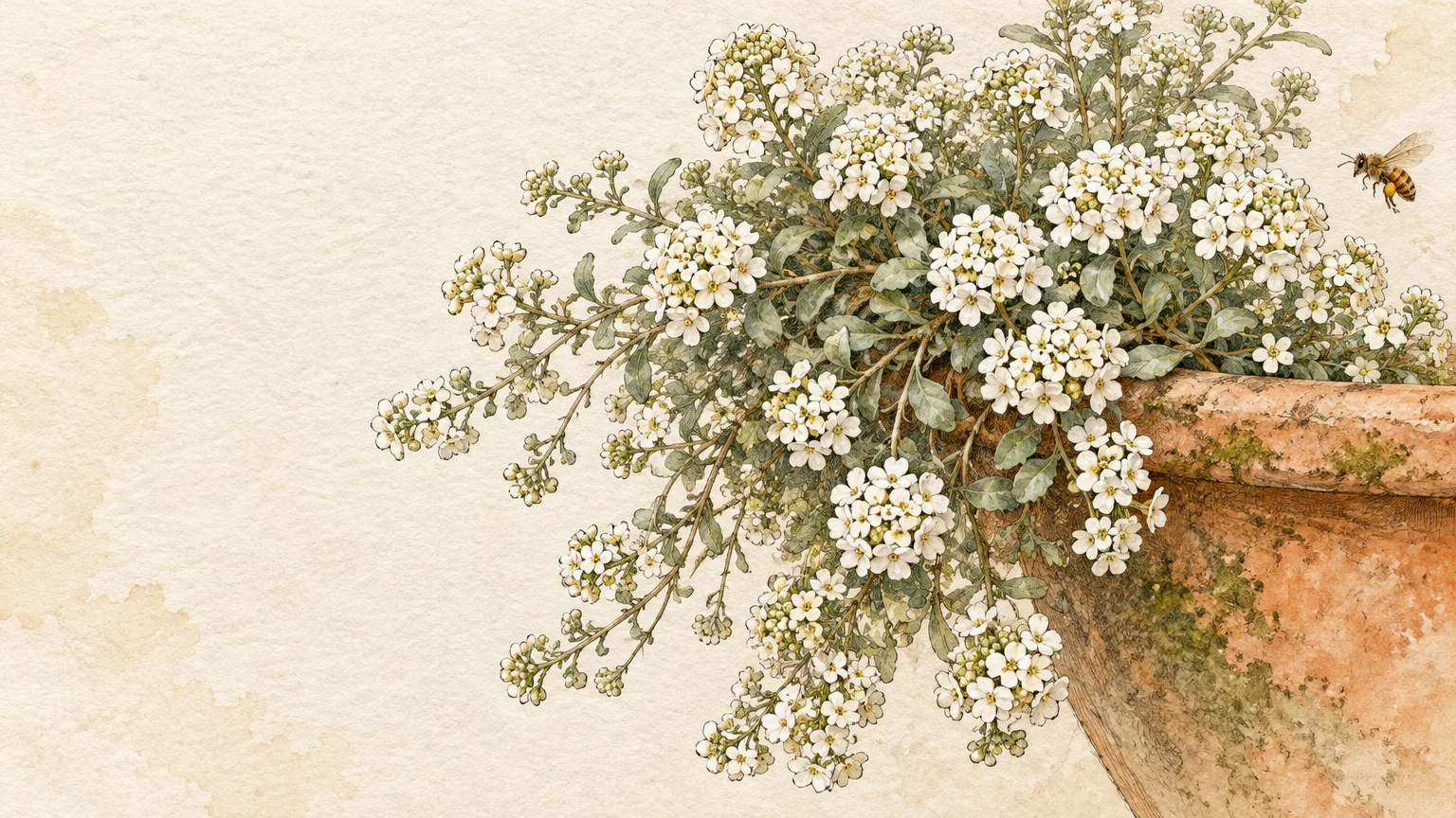 Illustration of white sweet alyssum flowers spilling over a terracotta pot with a bee hovering nearby.