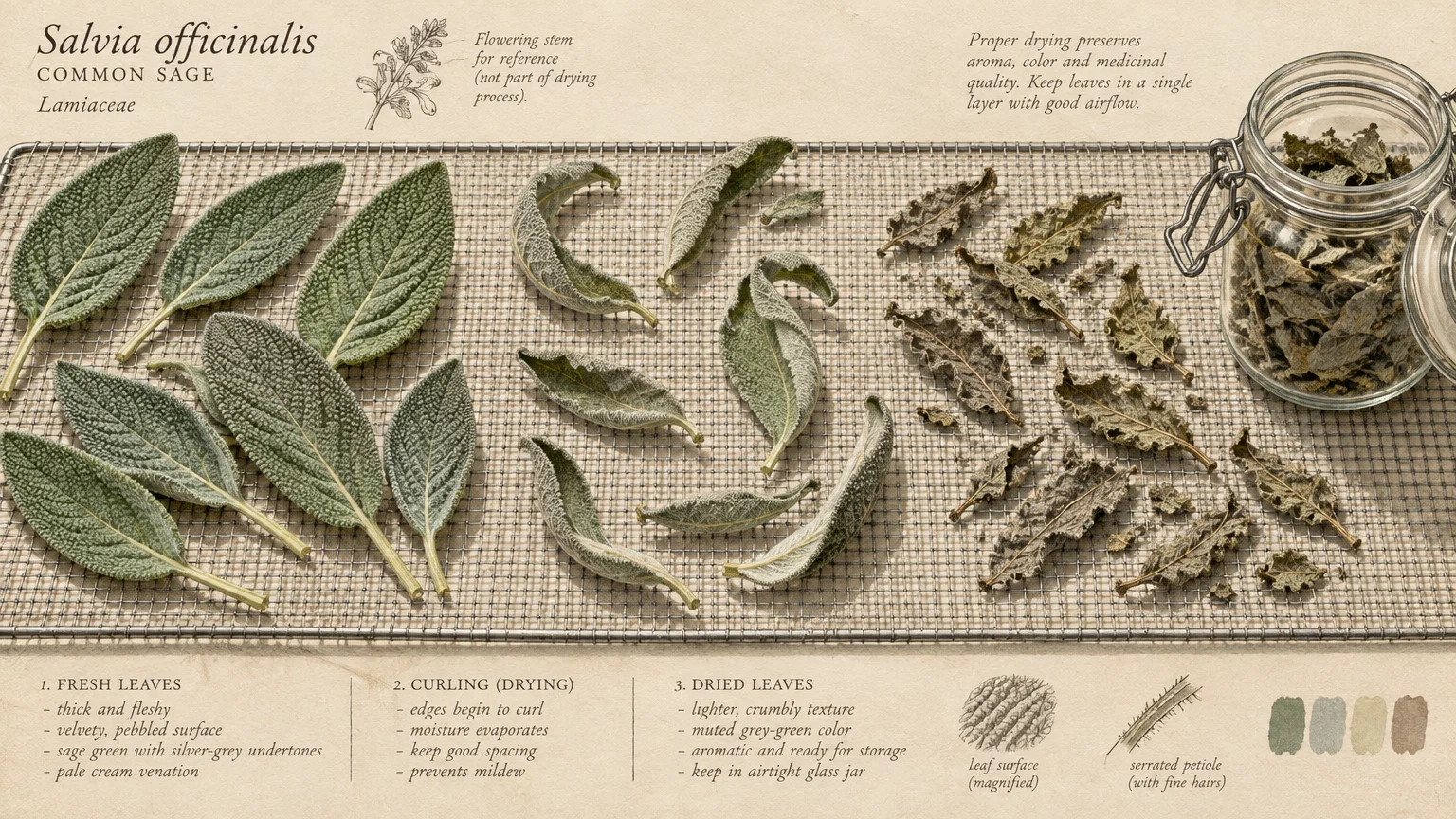 Illustration showing stages of drying sage leaves across a wire rack, from fresh green leaves to dried leaves and a jar.