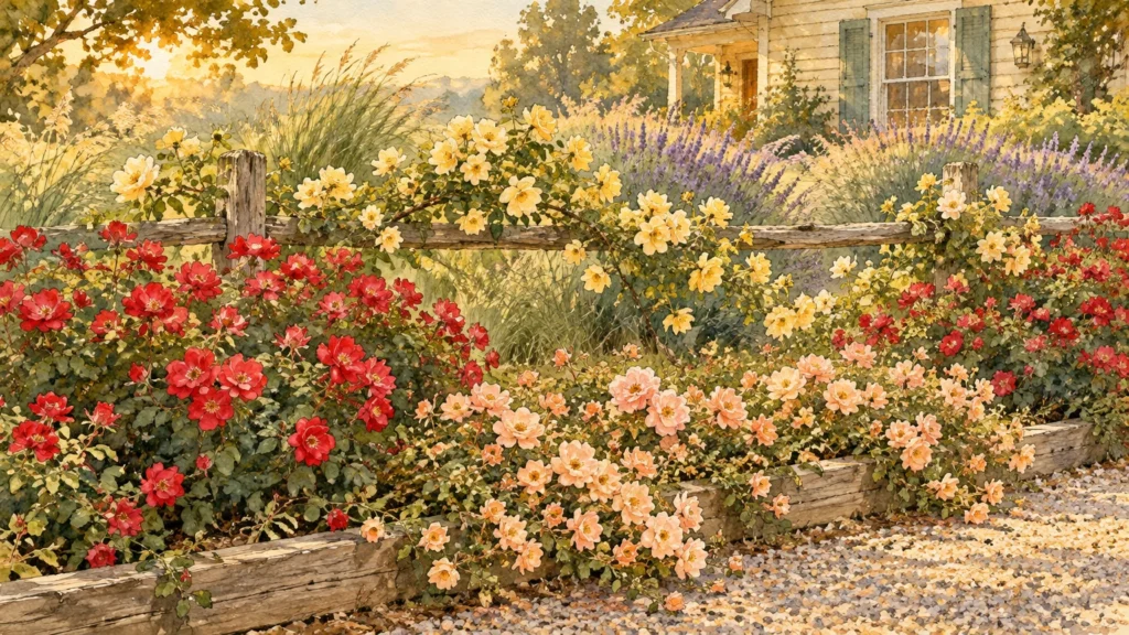 Watercolor painting of red, peach, and yellow rose bushes growing along a rustic wooden fence beside a country cottage.