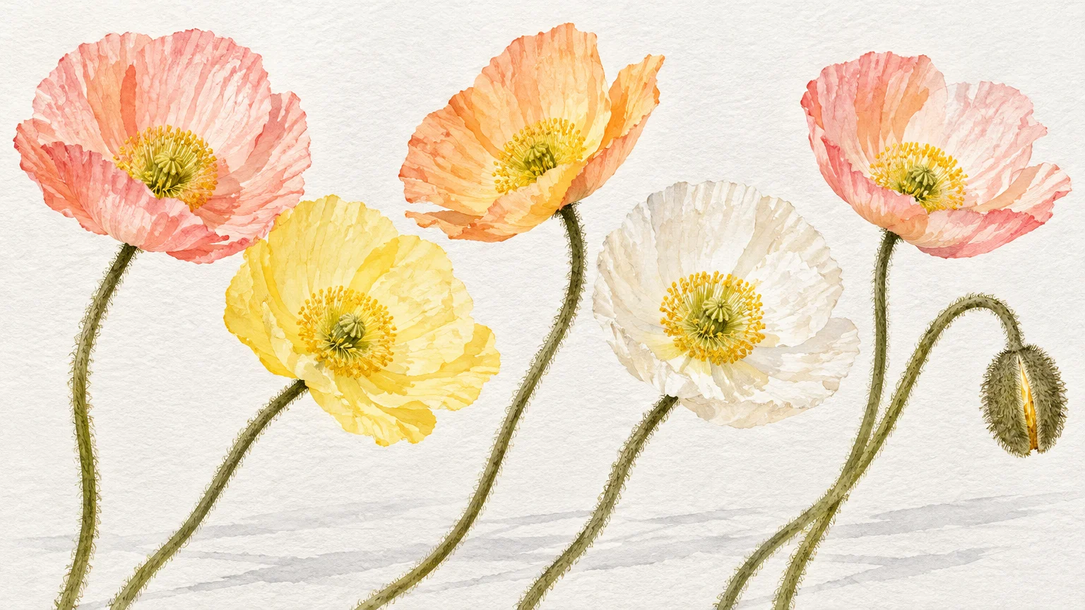 Watercolor illustration of pink, yellow, orange, and white poppies on slender green stems with a fuzzy closed bud.