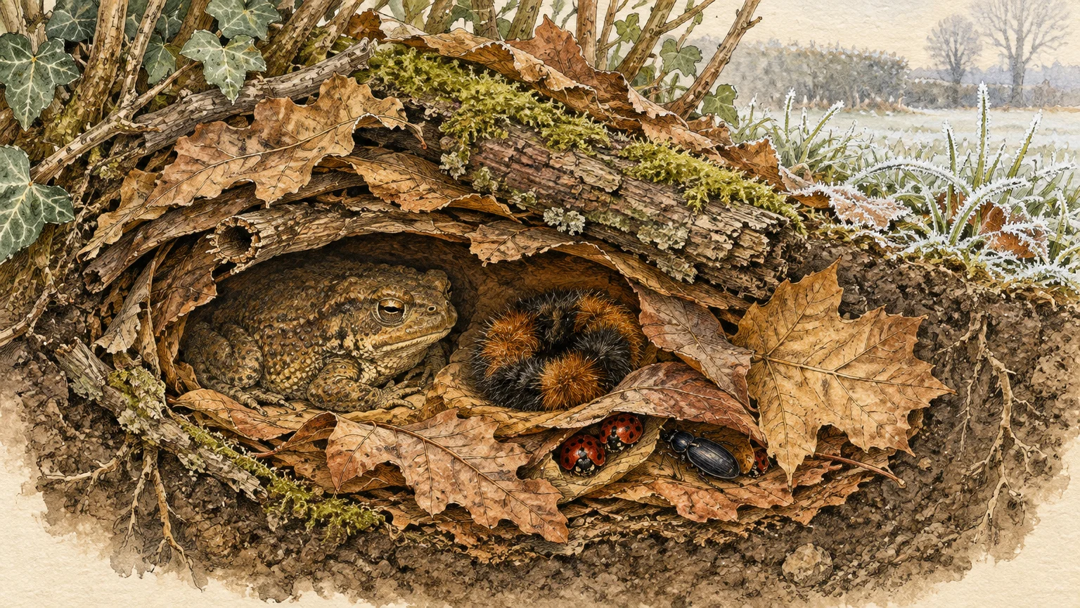 Cross-section illustration of a toad, woolly bear caterpillar, ladybugs, and beetle sheltered under leaves beneath a log.