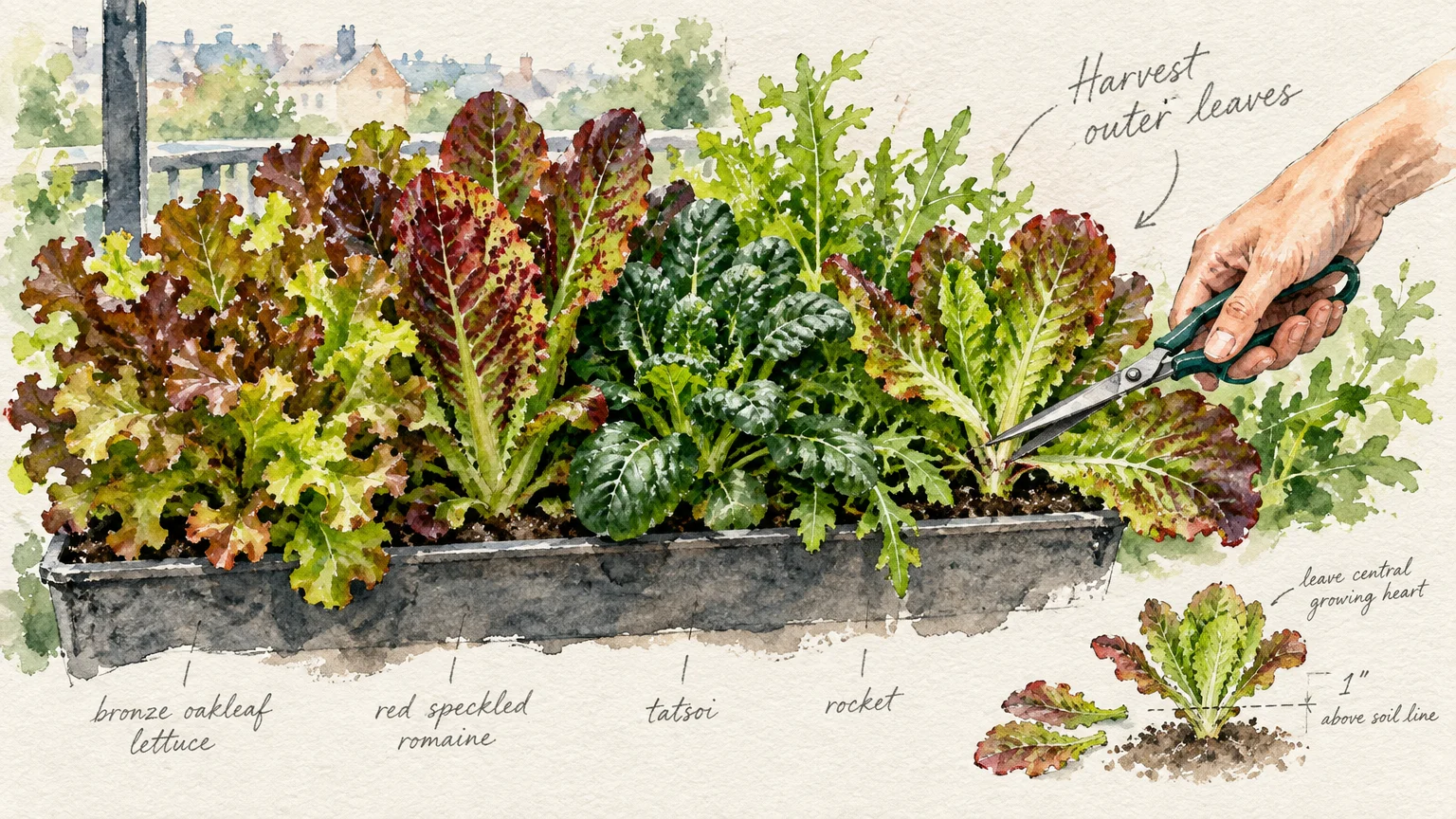 Watercolor guide of a planter box with salad greens, showing shears snipping outer leaves while leaving the central heart.