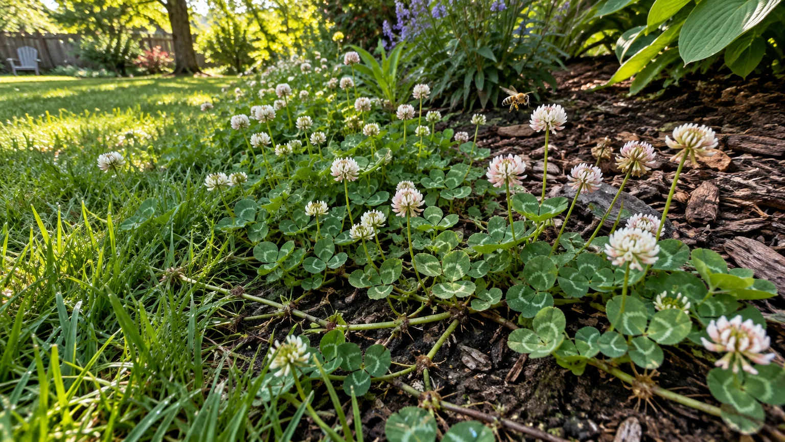 White clover with rounded leaves and pale blossoms spreading across a mulched garden edge beside a green lawn with a bee.