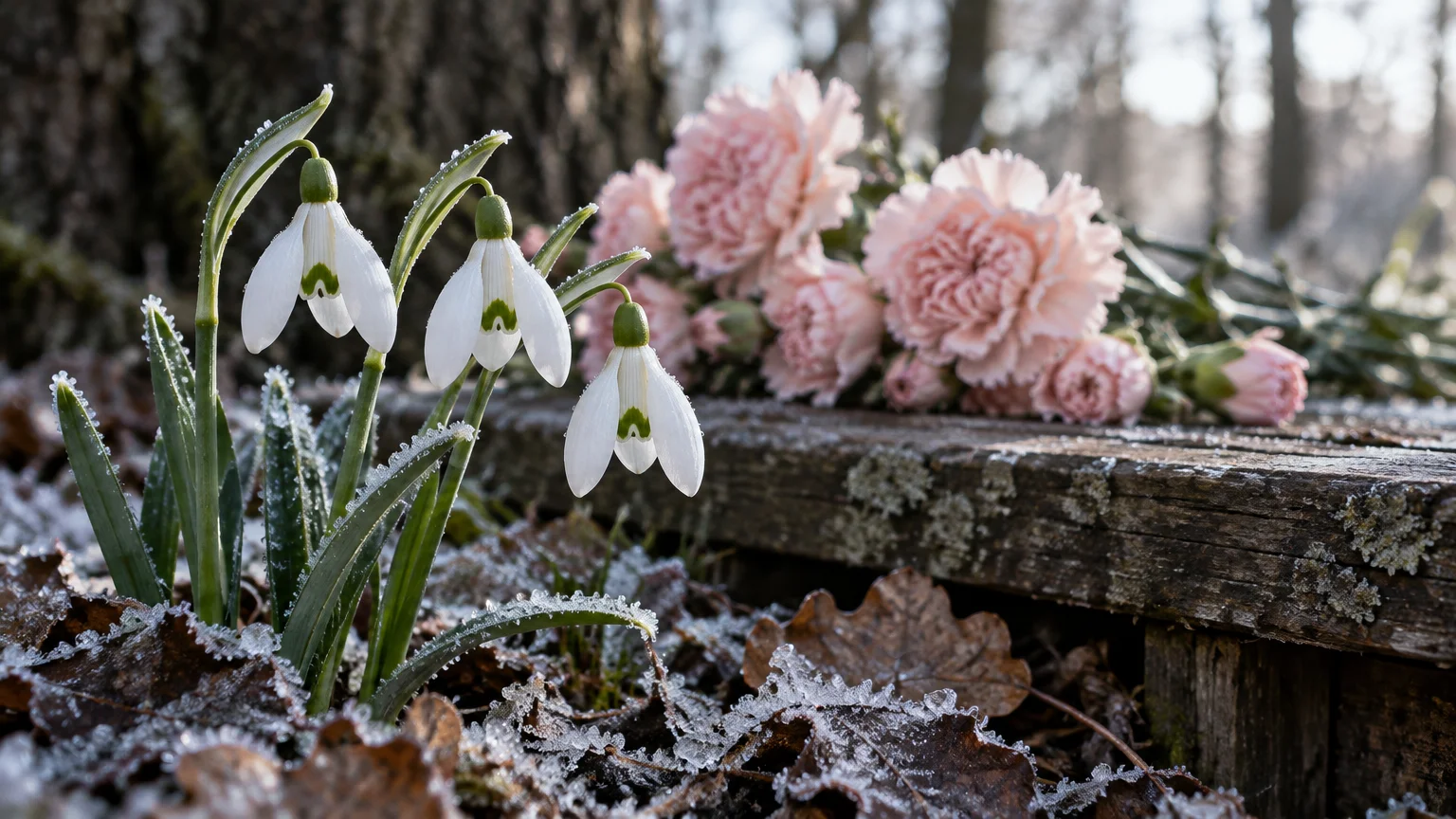 Blooming white snowdrops with frosted green leaves beside cut pink carnations resting on a weathered wooden plank.