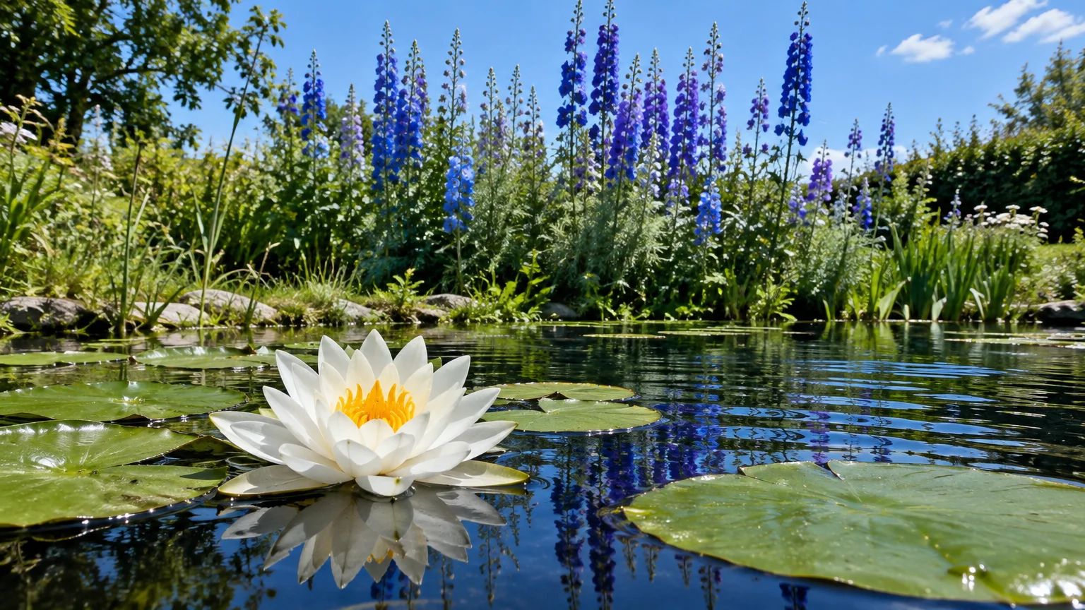 A white water lily blooms on a pond with lily pads, backed by tall purple larkspur flowers along the grassy bank.