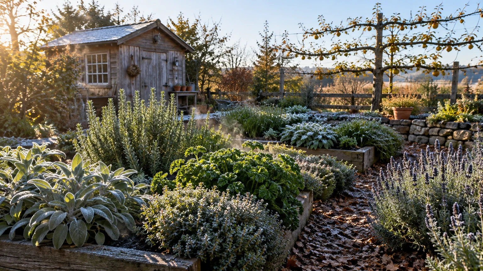 Raised garden beds filled with frost-dusted herbs beside a wooden shed and fruit tree in early morning sunlight.