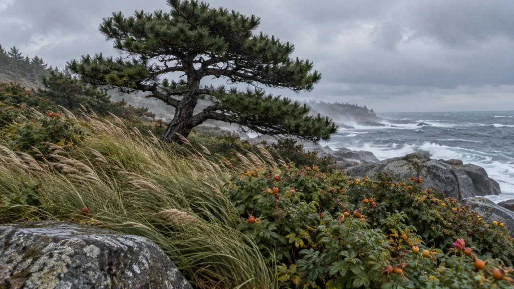 A windswept pine tree and grasses growing on a rocky coastline next to rough ocean waves under a stormy sky.