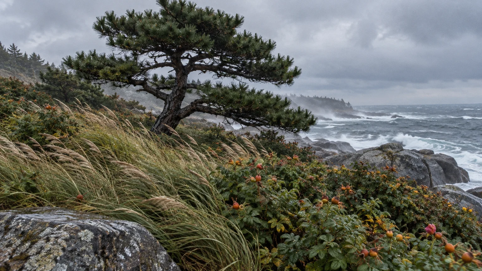 A windswept pine tree and grasses growing on a rocky coastline next to rough ocean waves under a stormy sky.