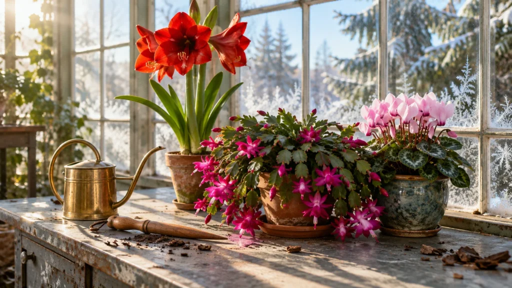Potted red amaryllis, pink Christmas cactus, and cyclamen on a sunlit windowsill overlooking a snowy winter forest.