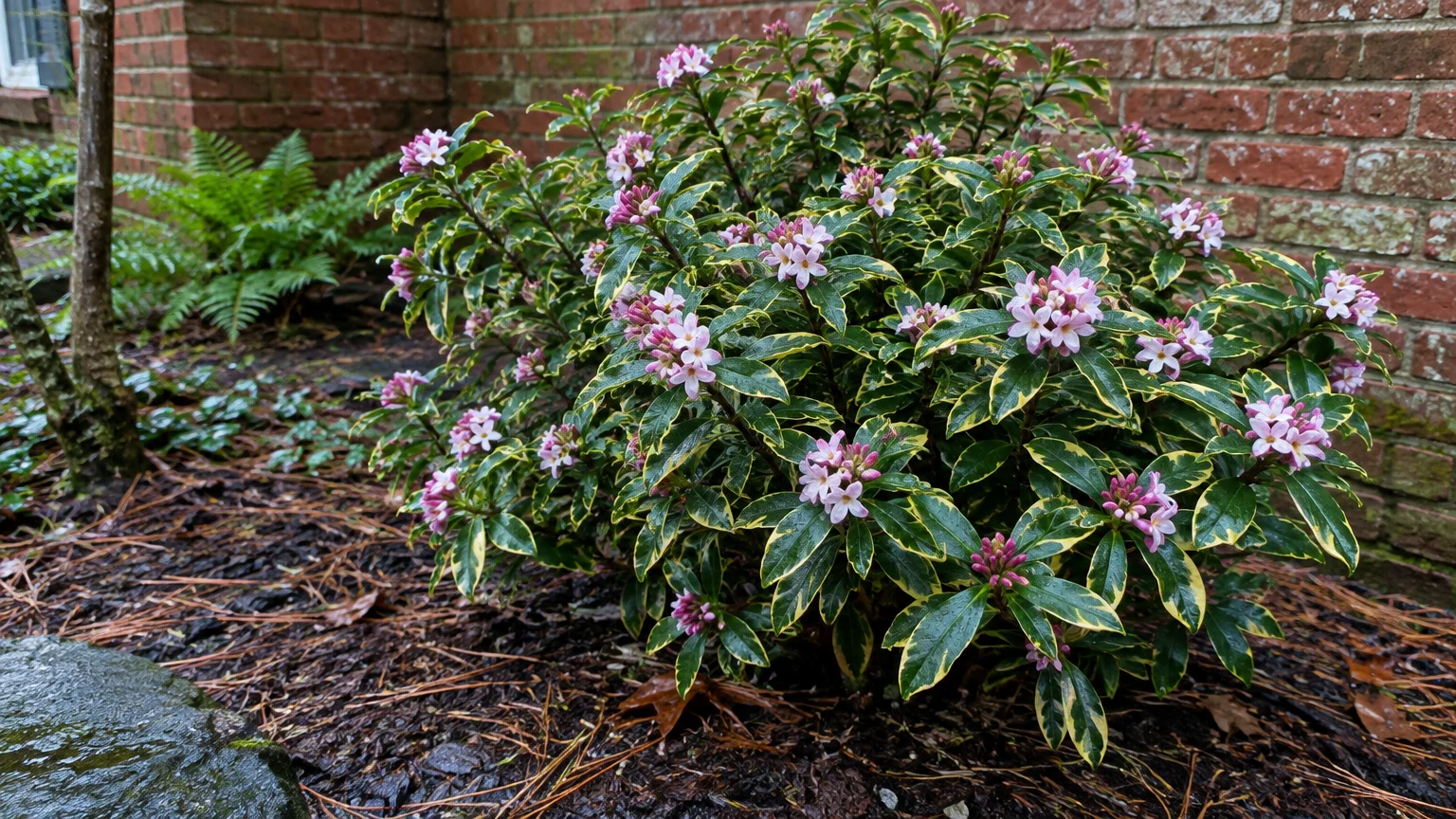 Blooming winter daphne shrub with yellow-edged variegated leaves and small pink and white flowers beside a brick wall.