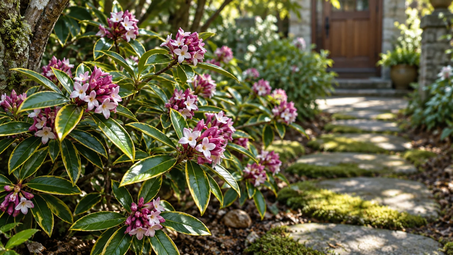 Blooming winter daphne shrub with pink flowers and variegated leaves growing along a stone pathway leading to a door.