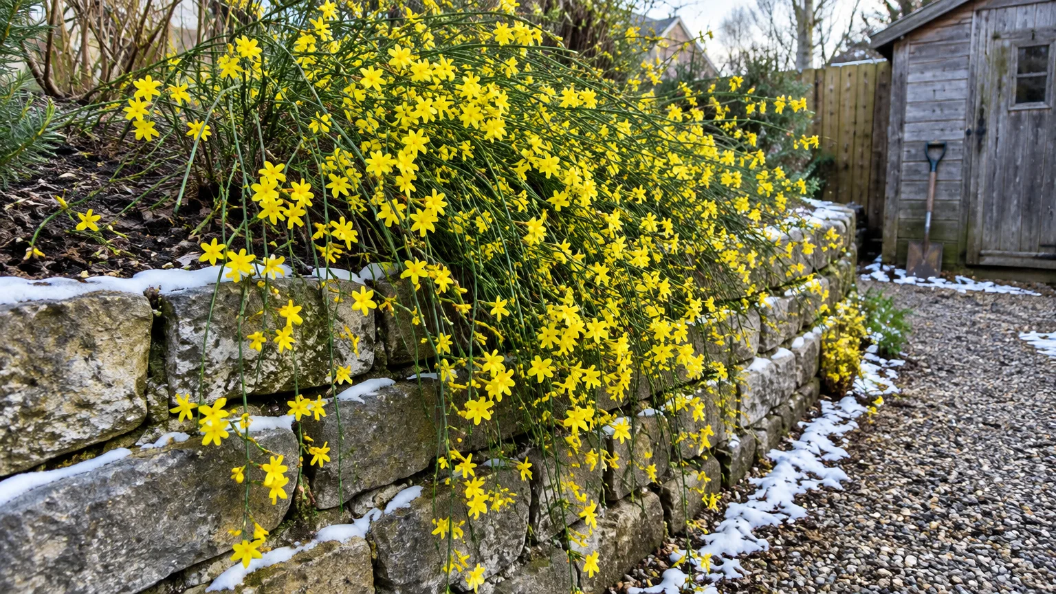 Yellow winter jasmine flowers draping over a curved stone retaining wall with light snow beside a garden shed.