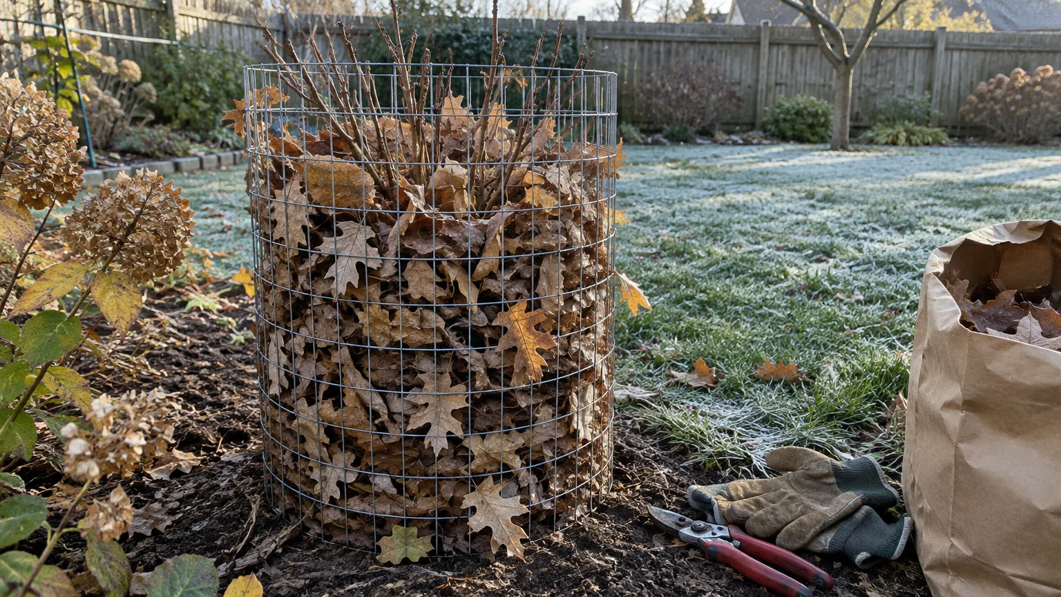 Wire mesh cylinder filled with dry oak leaves surrounding shrub branches in a frosty backyard garden.