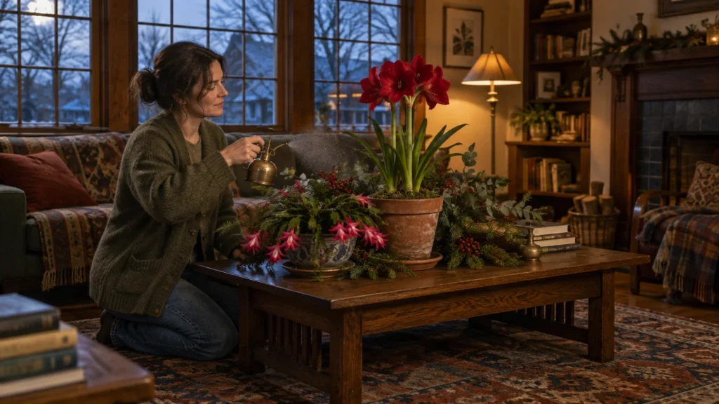 A woman kneeling in a cozy living room mists blooming holiday houseplants arranged on a wooden coffee table.