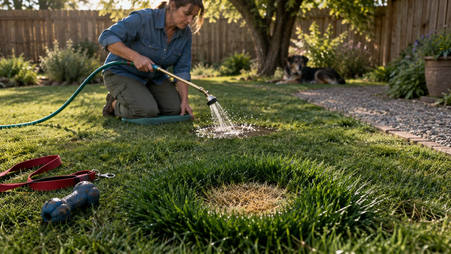 A woman waters a lawn patch with a hose wand near a dog resting in a backyard.