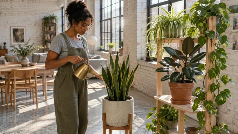 A woman in a sunlit loft waters a potted snake plant next to a wooden shelf holding various indoor houseplants.