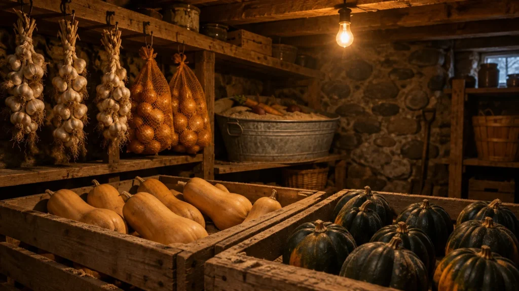 A stone cellar with crates of winter squash, hanging braids of garlic, and bagged onions on wooden shelves.