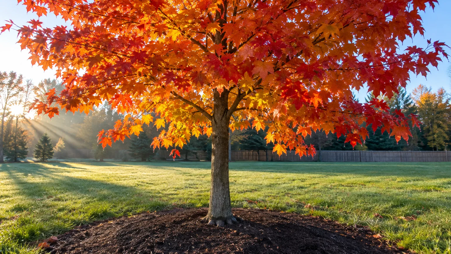 Maple tree with bright orange and red autumn leaves standing on a mulched bed in a grassy yard at sunrise.