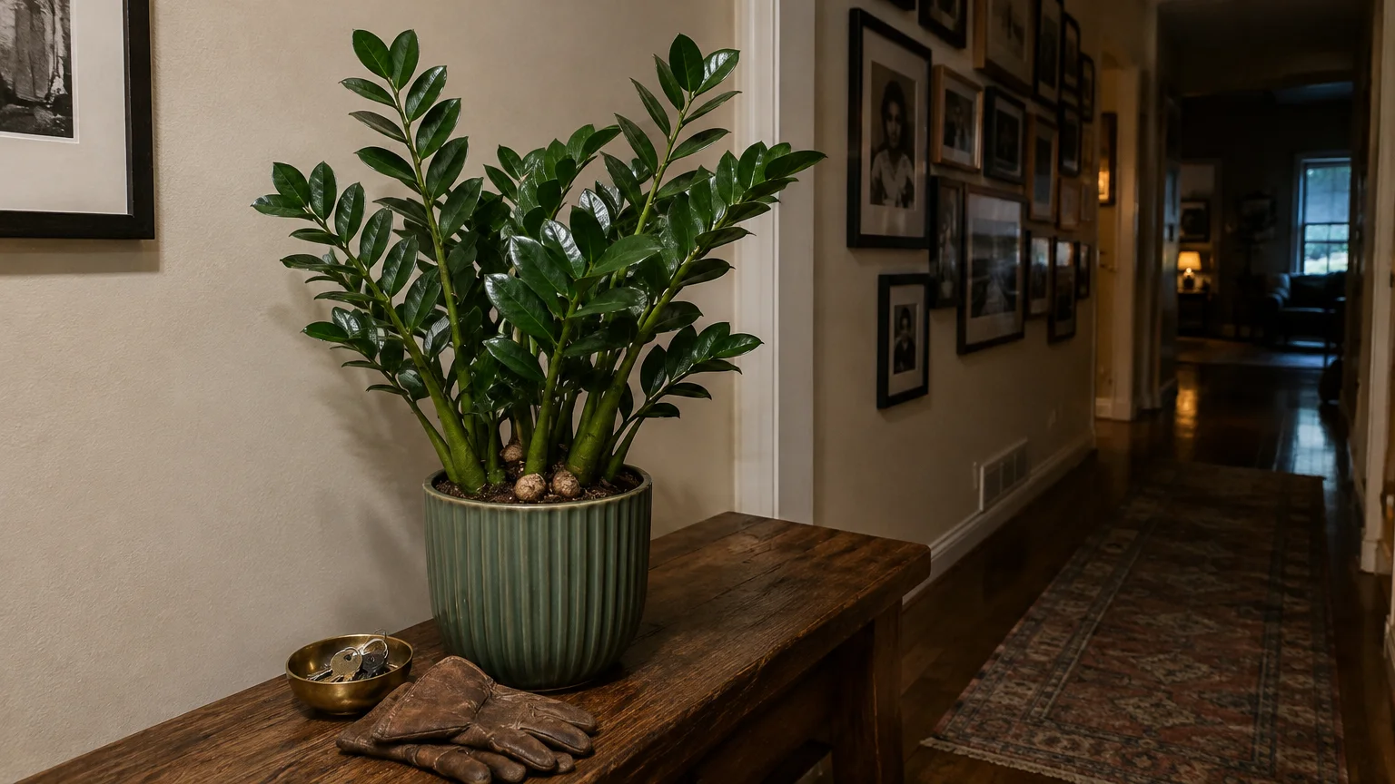 Potted ZZ plant in a green fluted ceramic planter resting on a wooden console table along a hallway.
